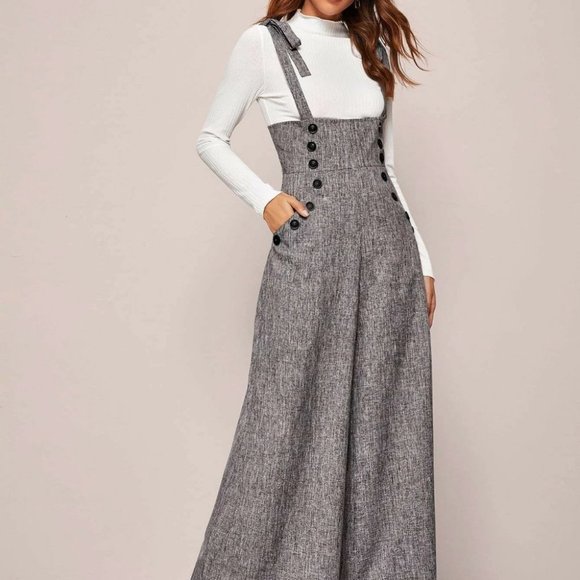 GRAY LINEN LOOK POCKETED SUSPENDER JUMPSUIT CHIC CLASSY FALL WINTER